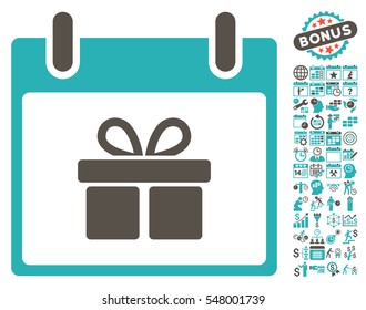 Gift Box Calendar Day icon with bonus calendar and time management images. Vector illustration style is flat iconic symbols, grey and cyan, white background.