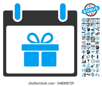 Gift Box Calendar Day icon with bonus calendar and time management symbols. Vector illustration style is flat iconic symbols, blue and gray, white background.