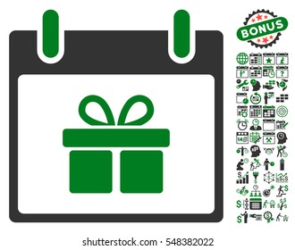 Gift Box Calendar Day icon with bonus calendar and time management symbols. Vector illustration style is flat iconic symbols, green and gray, white background.