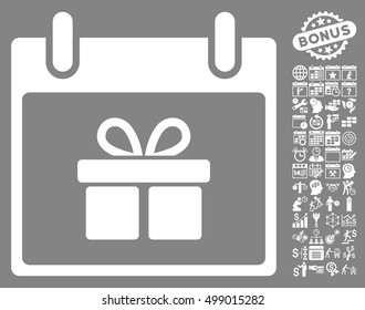 Gift Box Calendar Day pictograph with bonus calendar and time management symbols. Vector illustration style is flat iconic symbols, white, gray background.
