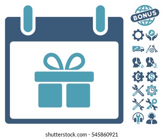 Gift Box Calendar Day pictograph with bonus settings symbols. Vector illustration style is flat iconic symbols, cyan and blue, white background.