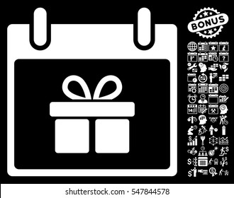 Gift Box Calendar Day pictograph with bonus calendar and time management design elements. Vector illustration style is flat iconic symbols, white, black background.