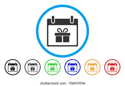 Gift Box Calendar Day vector rounded icon. Image style is a flat gray icon symbol inside a blue circle. Bonus color variants are gray, black, blue, green, red, orange.