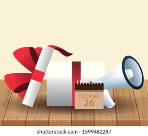 Gift box, calendar and megaphone over wooden and white background, colorful design, vector illustration