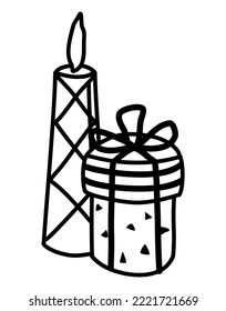 Gift box and candle. Simple composition. Outline drawing. Design element, celebration of Christmas, New Year, anniversary card. Doodle sketch style. Vector illustration, black linear outline isolated