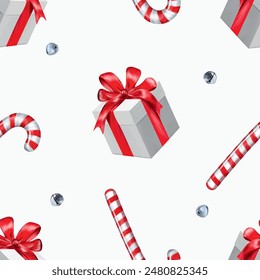 Gift box, candy cane, bells. Seamless pattern. Vector illustration. Vintage style. New Year, Christmas cards, wrapping paper, boxes, textiles, covers.