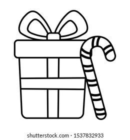 gift box and candy cane celebration merry christmas vector illustration thick line