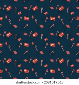 Gift box, candy cane, candy and Snowflakes vector repeat pattern, Hand drawn Christmas repeat pattern for  background, wallpaper, gift wrapper, textile, packaging, banner.
