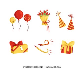 Gift Box, Cap, Whistle, Balloons and Bouquet of Flowers as Birthday Party Attribute Vector Set