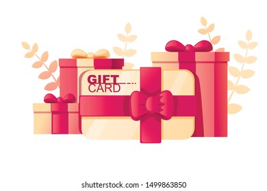 Gift box with gift card abstract soft color pattern with leaves on background flat vector illustration on white background