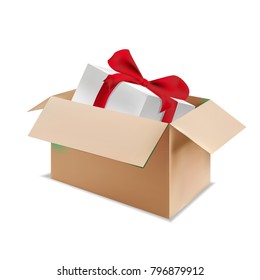 Gift box in cardboard box. Realistic vector illustration.