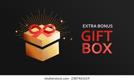 Tarjeta de caja de regalo.Bonos adicionales con sorpresa en una caja de regalo mágica con rayos dorados y polvo mágico volador.Banner de venta,regalo de programa de promoción de fidelidad,ofrecer cupón,recompensa,plantilla para viernes negro,anunciar