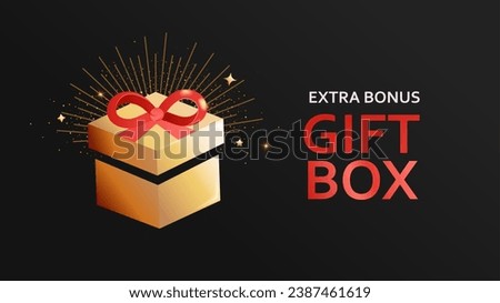 Gift box card.Extra bonus with surprise in magic giftbox with golden rays and flying magical dust.Sale banner,promotion loyalty program gift,offer coupon,reward,template for black friday,advertise