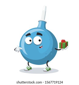 with gift box cartoon blue rubber medical enema character mascot smiling on white background