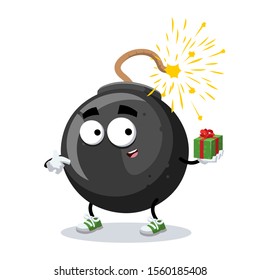 with gift box cartoon bomb with a burning wick character mascot smiling on white background