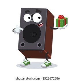 with gift box cartoon brown wooden sound speaker character mascot smiling on white background