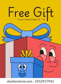 Gift box cartoon character illustration retro vintage hand drawn banner perfect for gift promotional and free gift announce