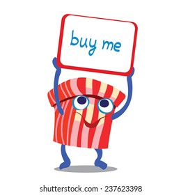 Gift box. Cartoon character present box asking buy it. Cute sale box with desk. Red and pink stripes colored box. Vector illustration. Eps 10. As branding symbol, for sale, as design element. 