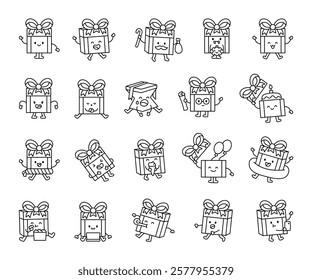 Gift box cartoon character set with happy faces, various emotions, festive elements, food, birthday details, halloween symbols, and summer accessories for art projects.