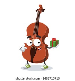 with gift box cartoon classical brown wooden violin character mascot smiling on white background