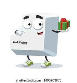 with gift box cartoon computer key button Enter character mascot smiling on white background