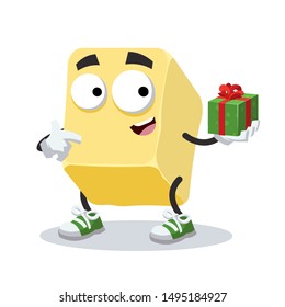 with gift box cartoon creamy butter or margarine character mascot smiling on white background