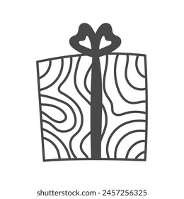 Símbolo de garabato de caja de regalo. Línea negra presente con cinta y lazo atado. Icono de celebración y festividad. Ilustración vectorial