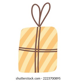 Gift box in cartoon flat style. Hand drawn vector illustration of colorful wrapped present with bow. Concept of sale, shopping, birthday, Christmas