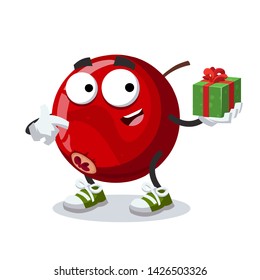 with gift box cartoon fresh tasty red cranberry character mascot smiling on white background