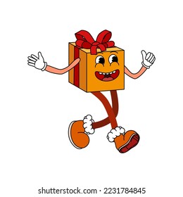 Gift Box Cartoon funny retro comic Christmas character, gloved hands