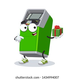 with gift box cartoon green ATM cash dispenser character mascot smiling on white background