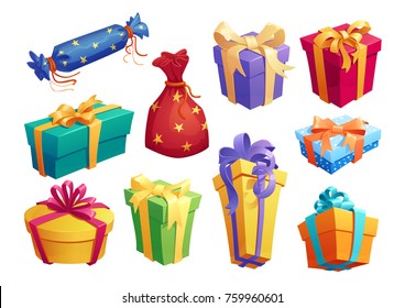 Gift box cartoon icon of presents packaging. Gift box and present bag with ribbon bow for Birthday and Valentine Day surprise, Christmas and New Year holiday celebration design