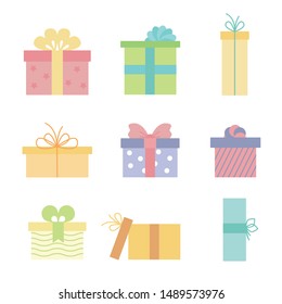 Gift box cartoon icon set. Presents with ribbon, Christmas or birthday package