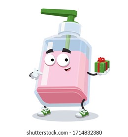 mit Geschenkbox-Cartoon Flasche Flasche Flasche Charakter Maskottchen lächeln auf weißem Hintergrund