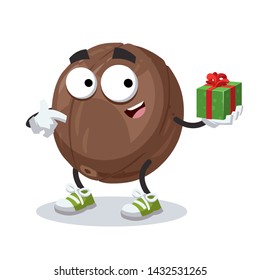with gift box cartoon macadamia nut in shell character mascot smiling on white background
