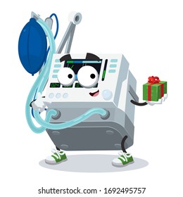 with gift box cartoon medical ventilator for artificial ventilation character mascot smiling on white background