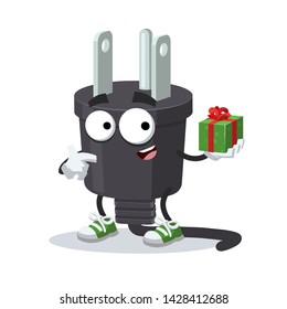 with gift box cartoon power plug type B character mascot smiling on white background