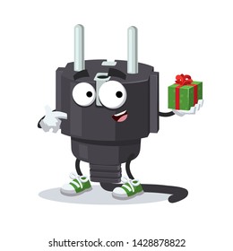 with gift box cartoon power plug type E character mascot smiling on white background
