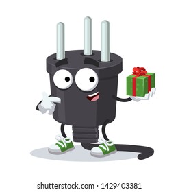 with gift box cartoon power plug type H character mascot smiling on white background
