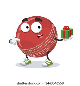 with gift box cartoon red leather cricket ball character mascot smiling on white background