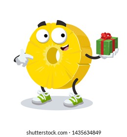 with gift box cartoon ring of canned pineapple character mascot smiling on white background