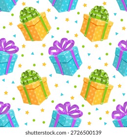 Caja de regalo de dibujos animados sin patrón con cinta de colores y arco. El diseño actual agrega sorpresa para las celebraciones de fiestas y cumpleaños. Ideal como elemento de papel de regalo festivo.