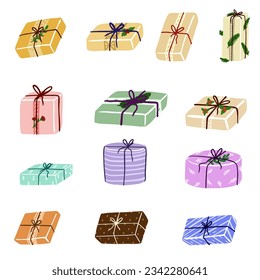 Gift box cartoon set icon. Christmas gifts, New Year presents. Holiday presents wrapped in festive paper wrapping, decorated with ribbon bows, strings and twines.
