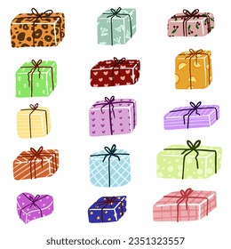 Gift box cartoon set icon. Christmas gifts, New Year presents. Holiday presents wrapped in festive paper wrapping, decorated with ribbon bows, strings and twines.