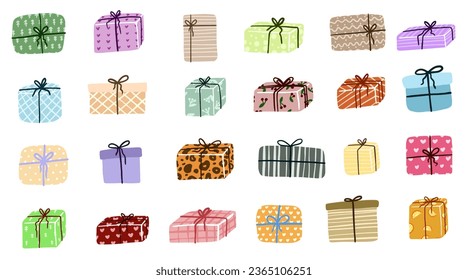 Gift box cartoon set icon. Christmas gifts, New Year presents. Holiday presents wrapped in festive paper wrapping, decorated with ribbon bows, strings and twines.