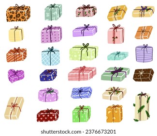 Gift box cartoon set icon. Christmas gifts, New Year presents. Holiday presents wrapped in festive paper wrapping, decorated with ribbon bows, strings and twines.