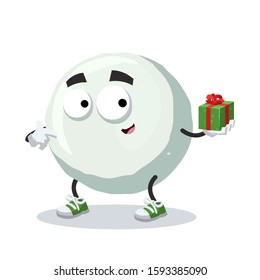 with gift box cartoon snowball character mascot smiling on white background