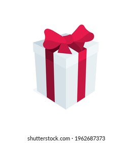Gift box. Cartoon style drawing gift box symbol. White gift box with red ribbon. Part of set.