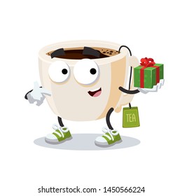 with gift box cartoon tea cup with tea bag character mascot smiling on white background