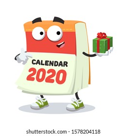 with gift box cartoon tear-off calendar for 2020 year character mascot smiling on white background